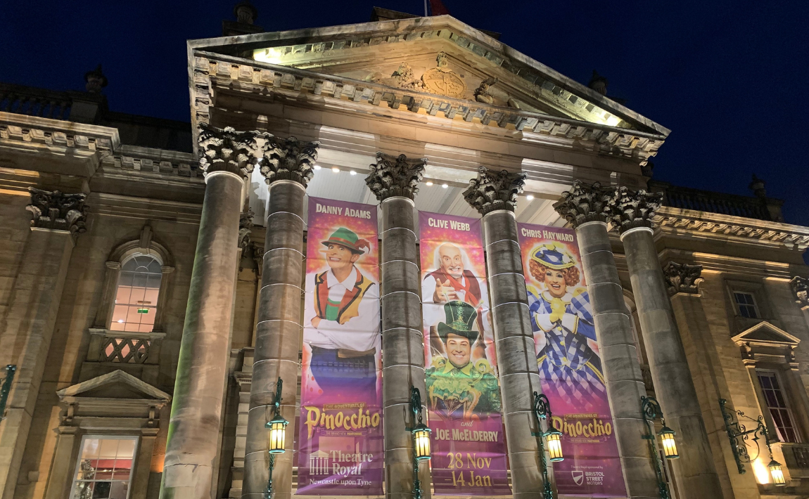 Christmas pantomime details displayed on the front of the Theatre Royal